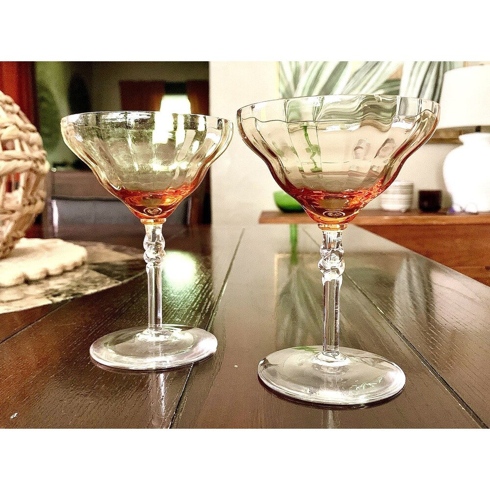 Vintage Bryce Brothers Amber Optic Uranium Glass Champagne Coupes Pair